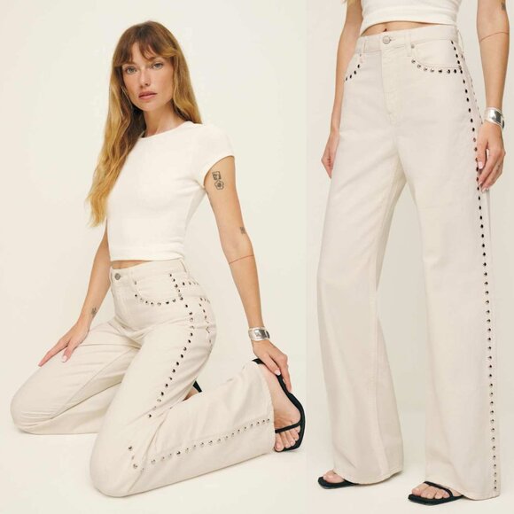 Reformation Cary High Rise Slouchy Wide Leg Jeans Fior Di Latte Studded Size 30 - Picture 2 of 10